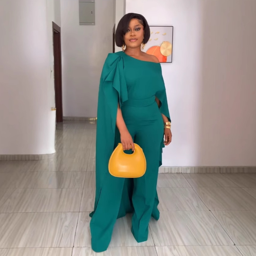 Women Solid Slash Shoulder Wide Leg Jumpsuit