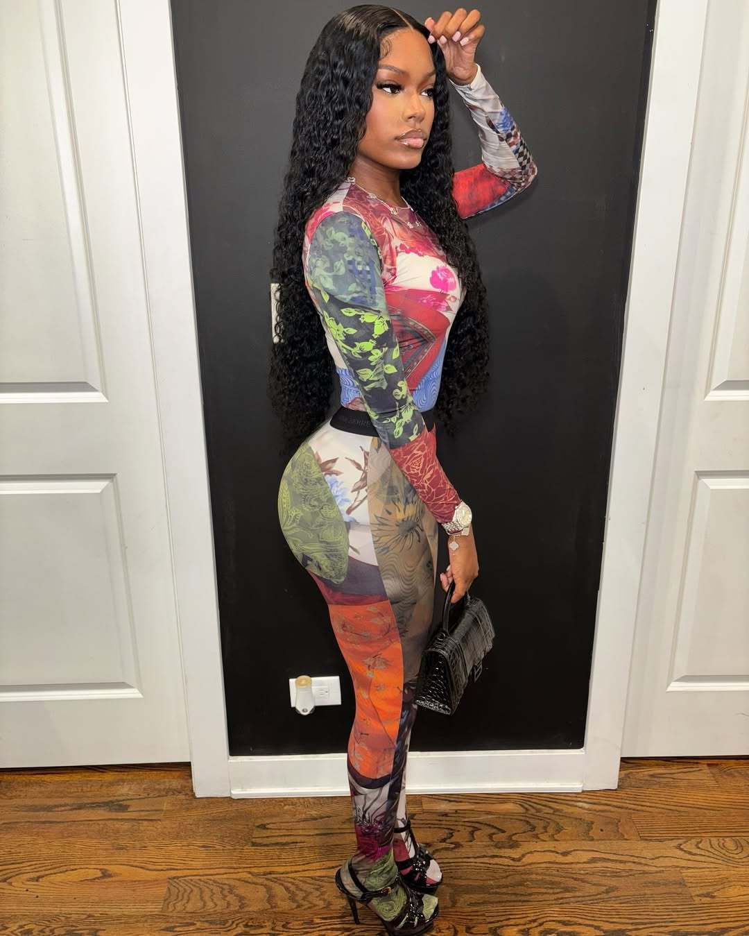 Women Contrast Printed Long Sleeve Round Neck Top and Pants Two Piece Set