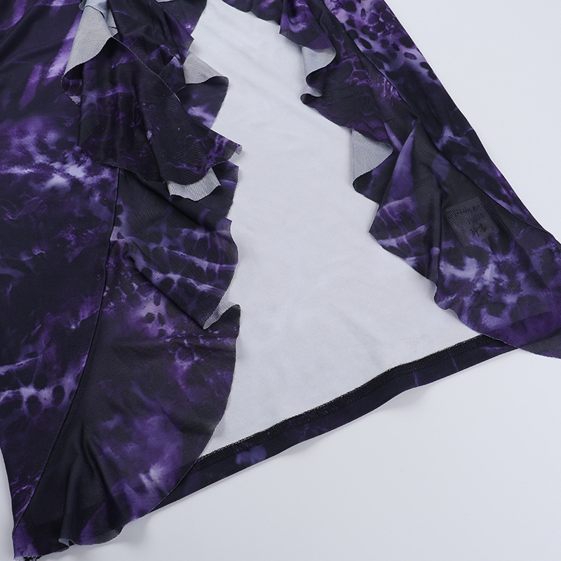 Women Spring Sexy Ruffle V Neck Print Slit Dress