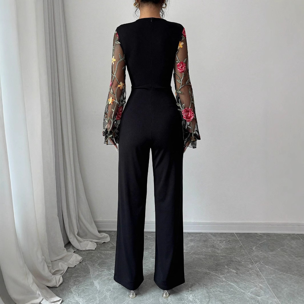 Women's Long Sleeve Embroidered Mesh Patchwork Slim Waist Jumpsuit