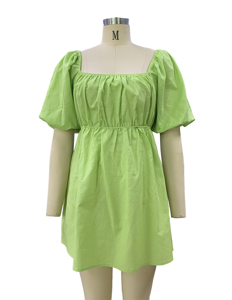 Spring Women's Fashion Square Neck Puff Sleeve Linen Dress