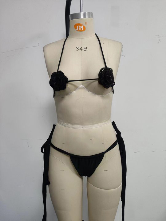 Women black floral halter neck black lace-up sexy Swimwear  two pieces