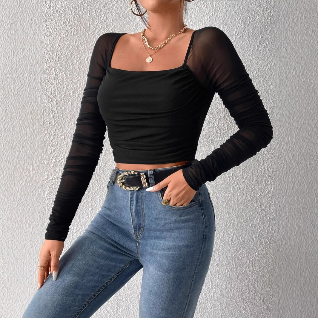 Women summer mesh long sleeve croptop