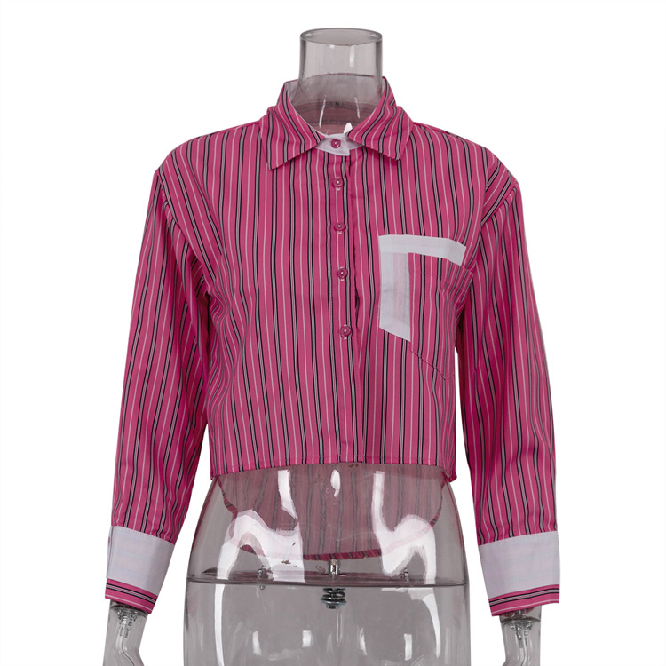 Women French striped turndown collar long sleeve crop top shirt
