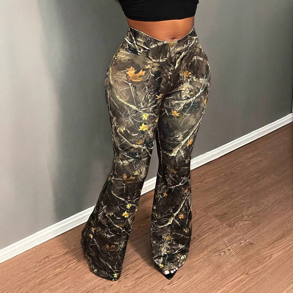 Women Elegant High Waist Plant Print Wide Leg Pants