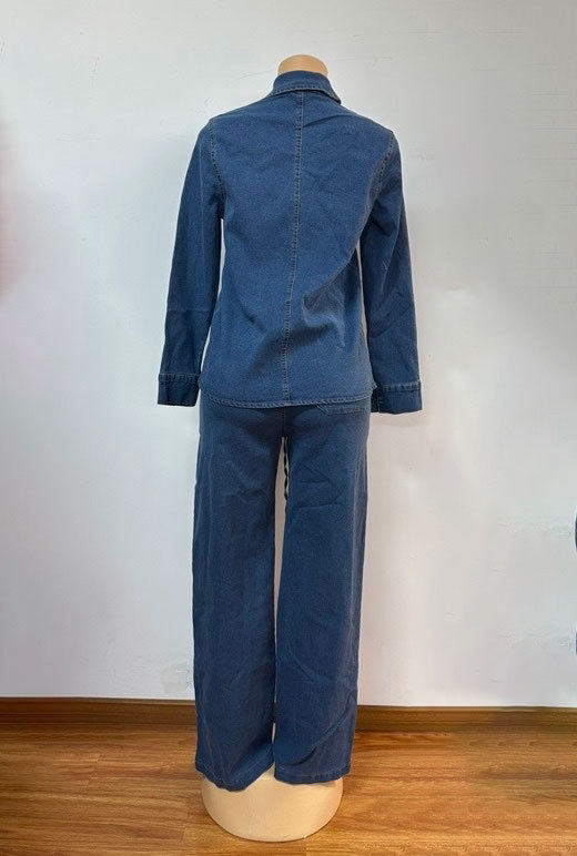 Women Denim Long Sleeve Turndown Collar Pocket Top and Lace-up Pants Two Piece Set