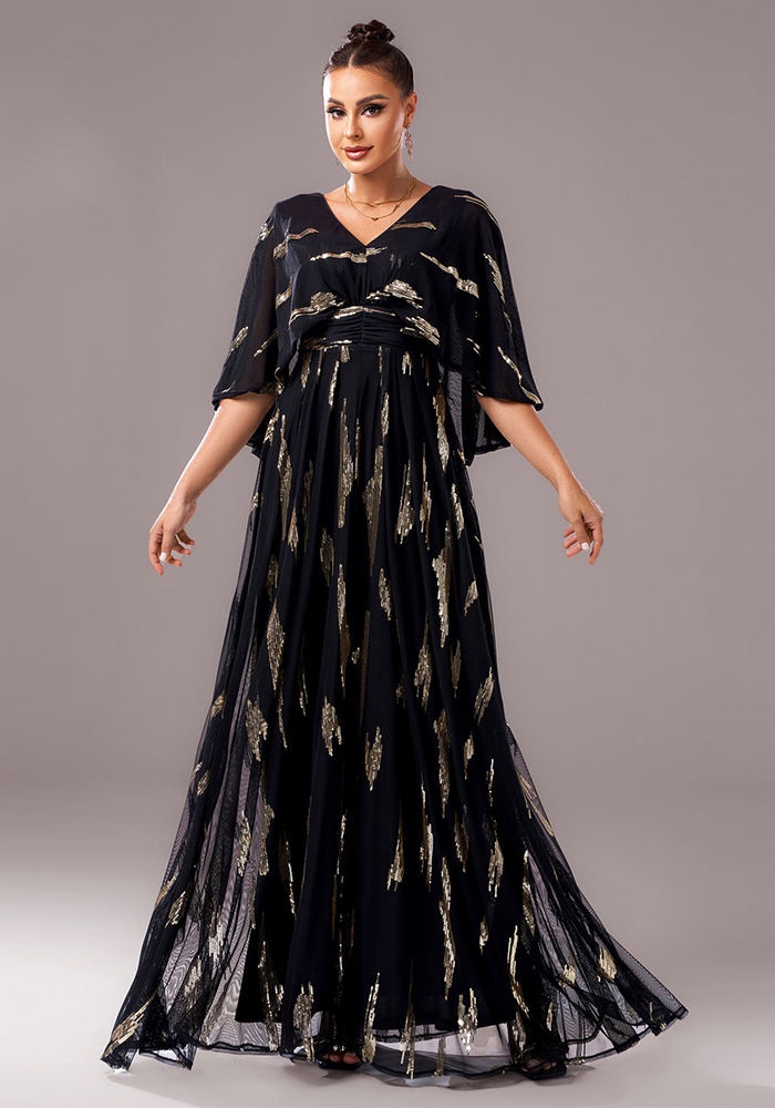 Women v-neck half-sleeve sequin formal party bodycon evening dress