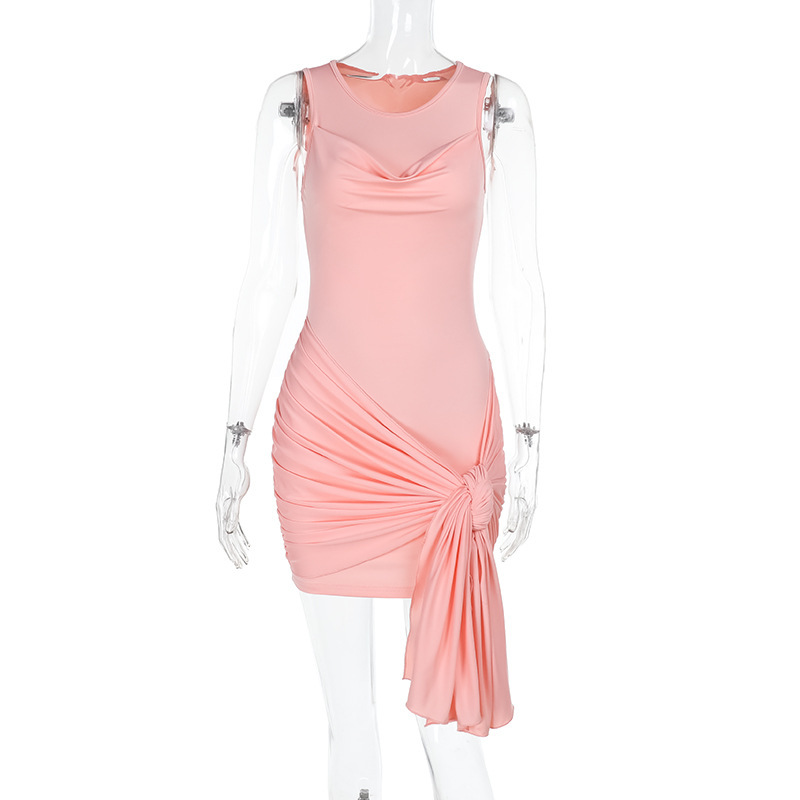 Women Spring Summer Sexy Gathered Ribbon Solid Dress