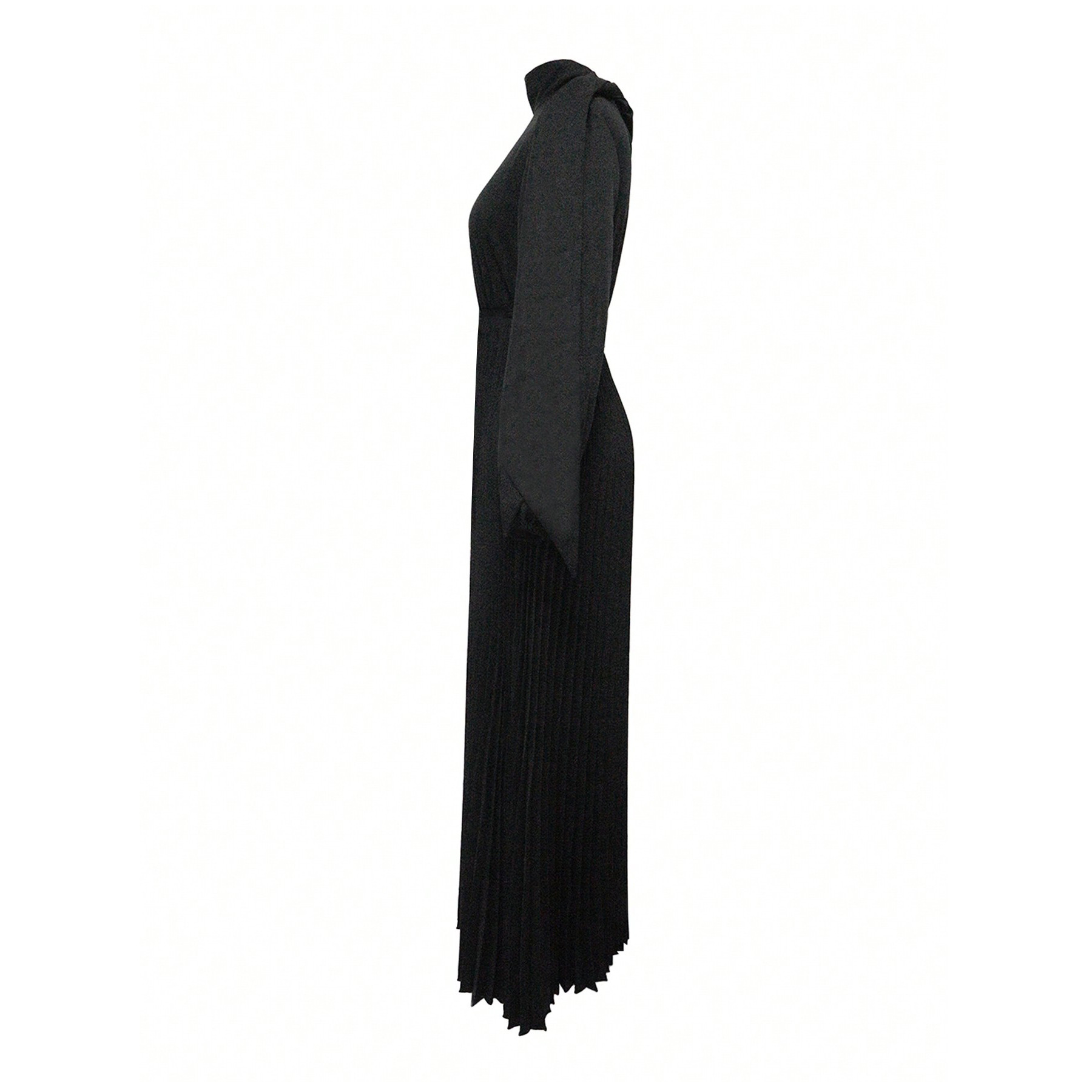 Women Long Sleeve Pleated Black Dress