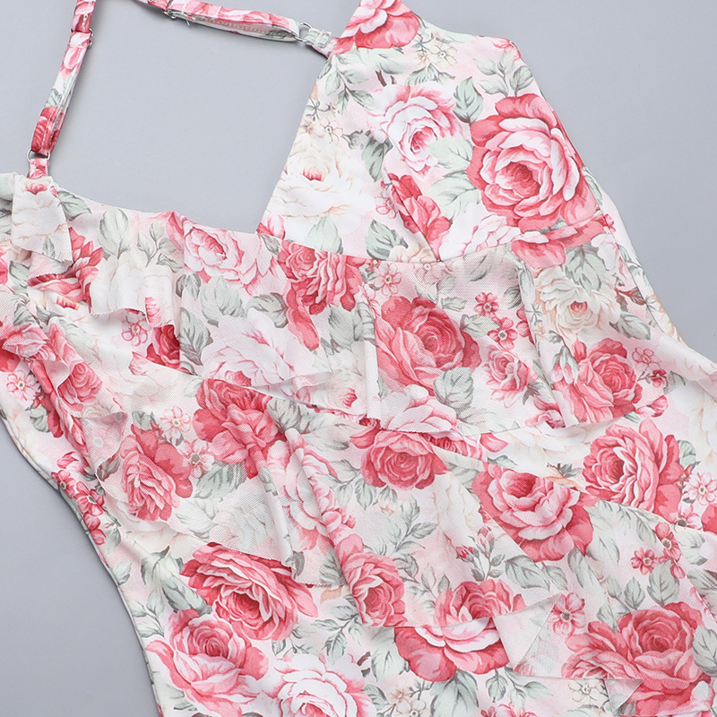 Women Spring Sexy Ruffle Floral Print Slit Dress