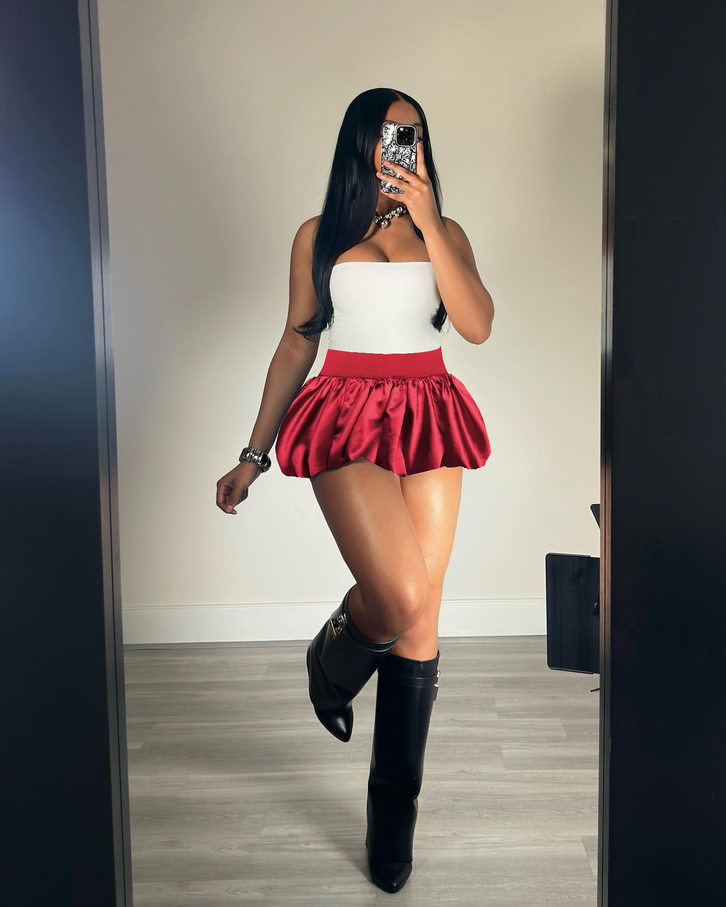 Women Glitter Mini Pleated Solid Bubble Skirt