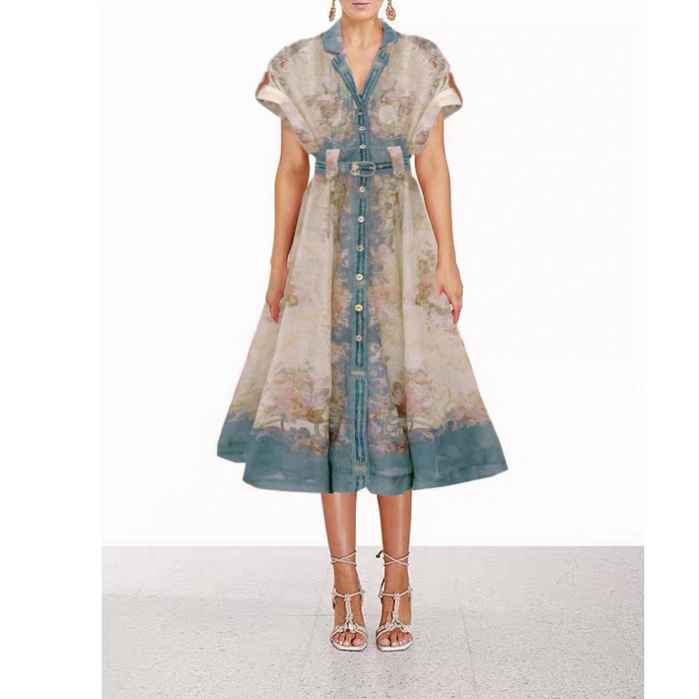 Women retro printed with belt Strap Dress