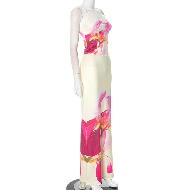 Women Summer Flower Print Suspender Top and Skirt Two Piece Set