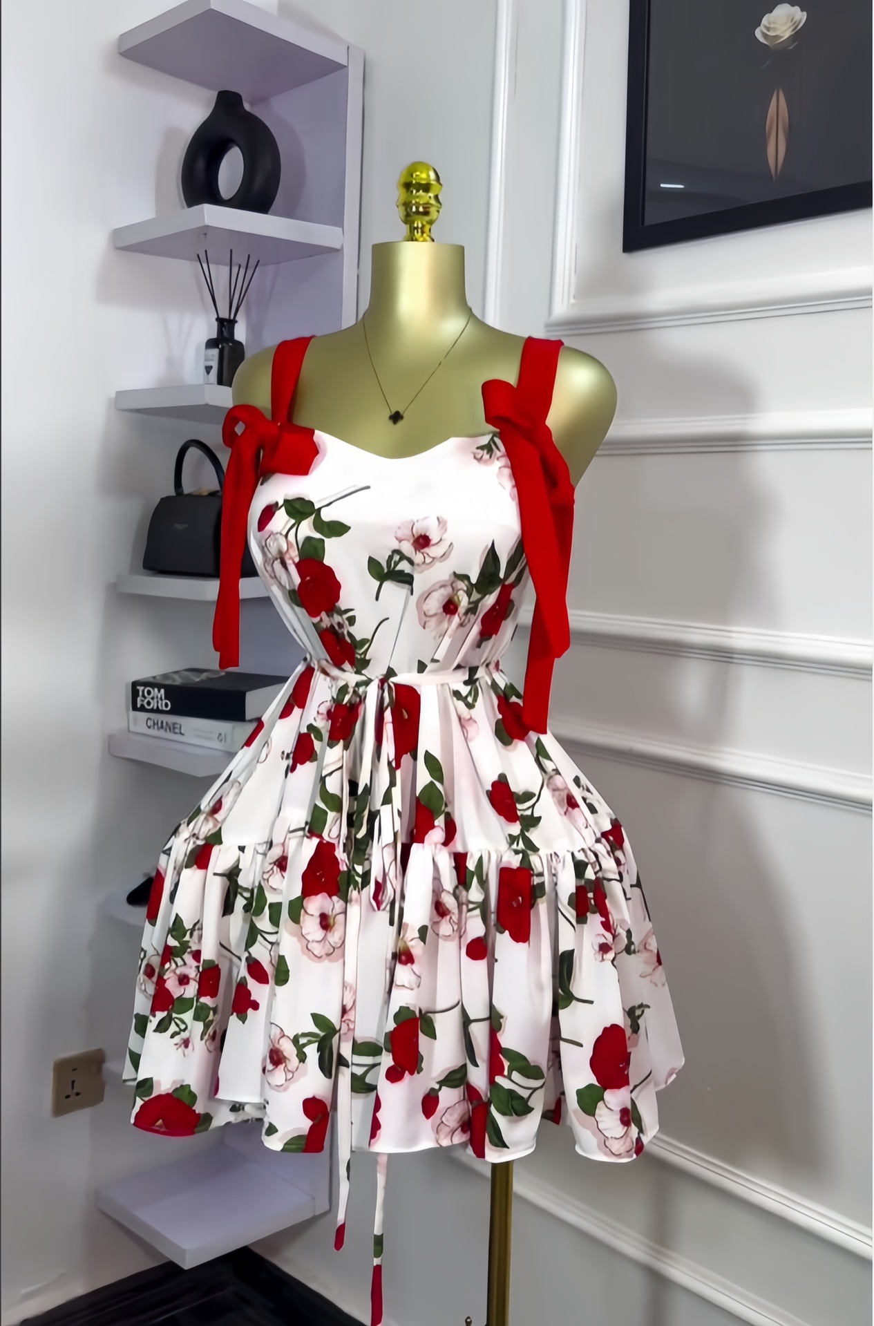 Women's Spring Sleeveless Print Strap Bow Lace-Up Ruffled Short Dress