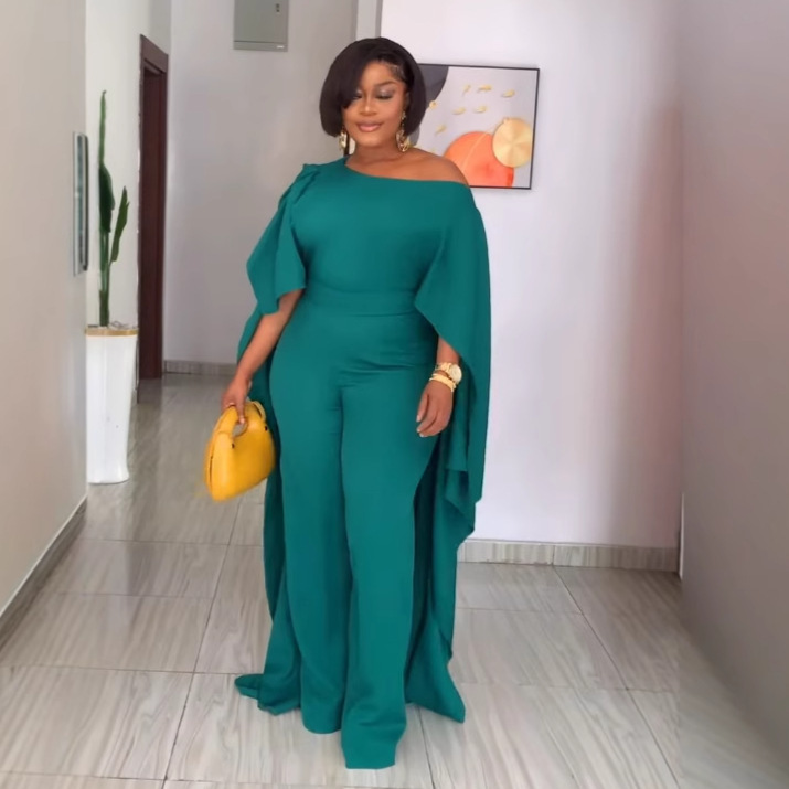 Women Solid Slash Shoulder Wide Leg Jumpsuit