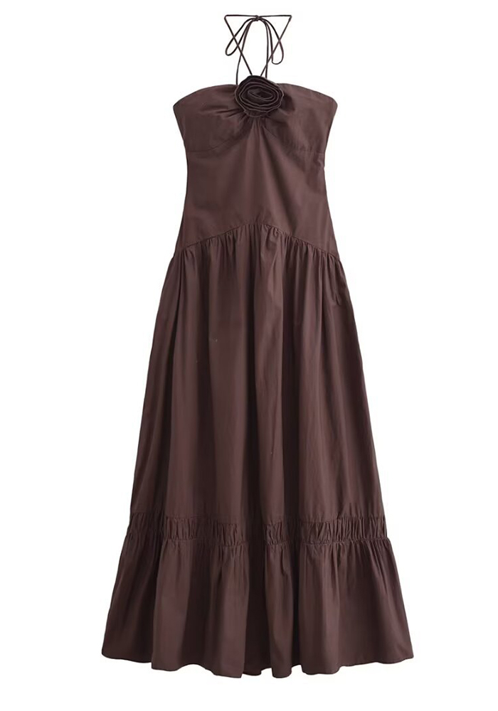 Women summer solid sleeveless Halter Neck lace-up flower dress