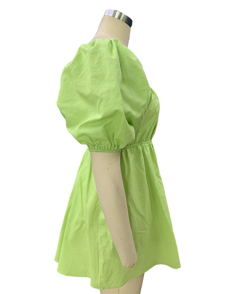 Spring Women's Fashion Square Neck Puff Sleeve Linen Dress