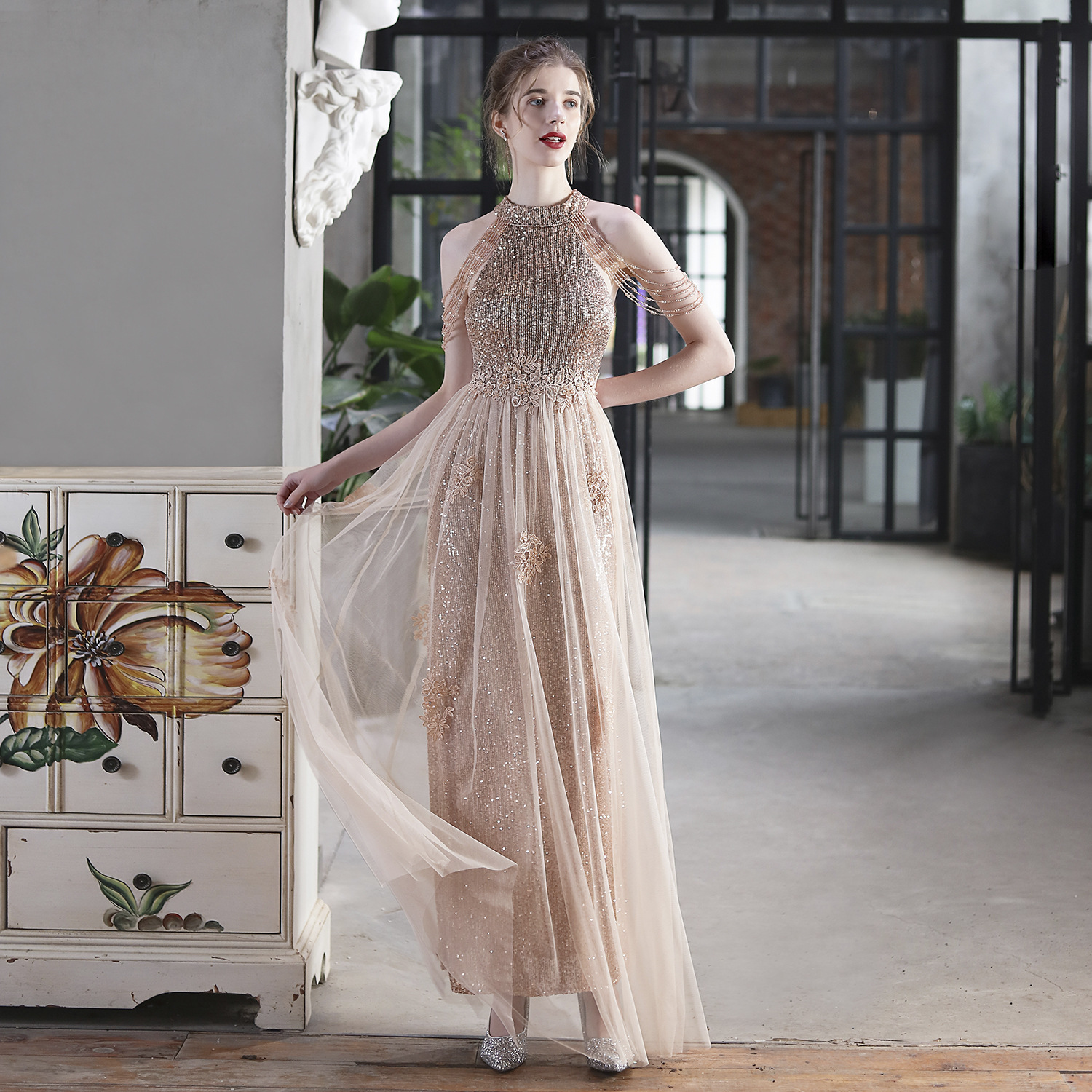 Luxury Sequin Mesh Brides Dress Elegant Formal Party Evening Gown