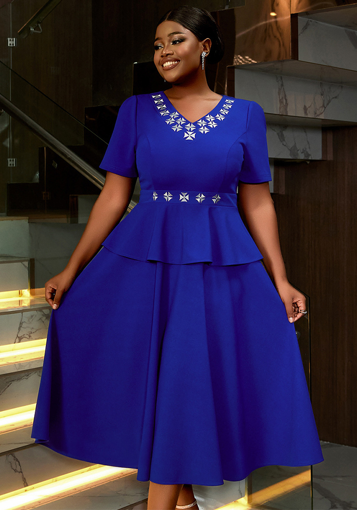 Women V-Neck High Waist Ruffle Dress