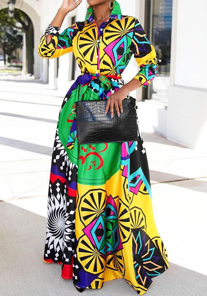 Spring Autumn Fashion Chic Print Turndown Collar Maxi Dress For Women