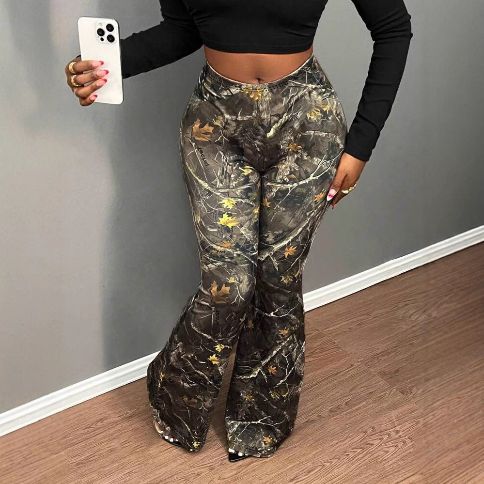 Women Elegant High Waist Plant Print Wide Leg Pants