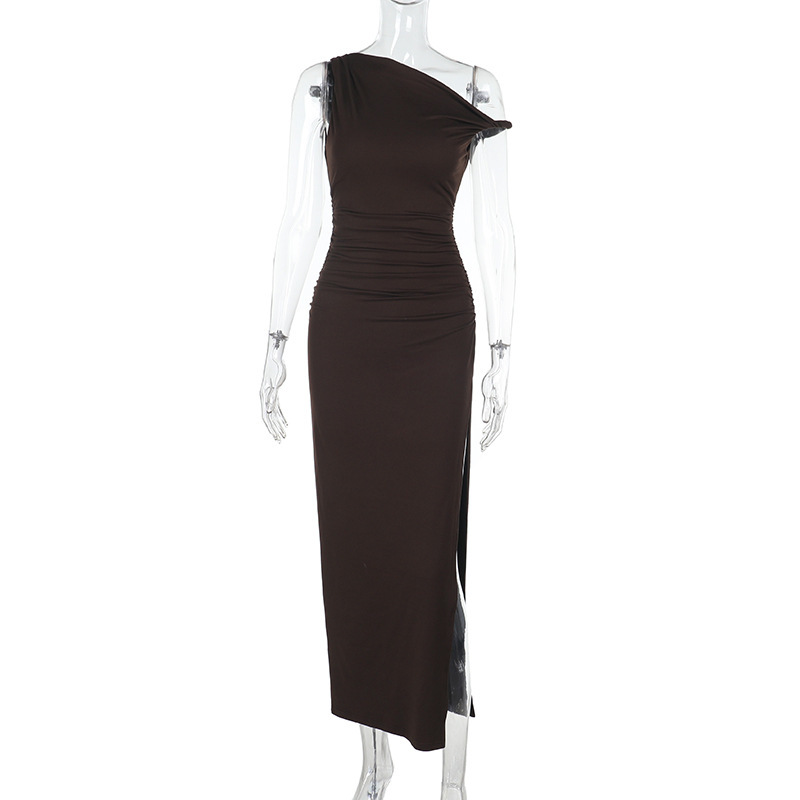 Women Sexy Slash Shoulder Slit Sleeve Solid Dress