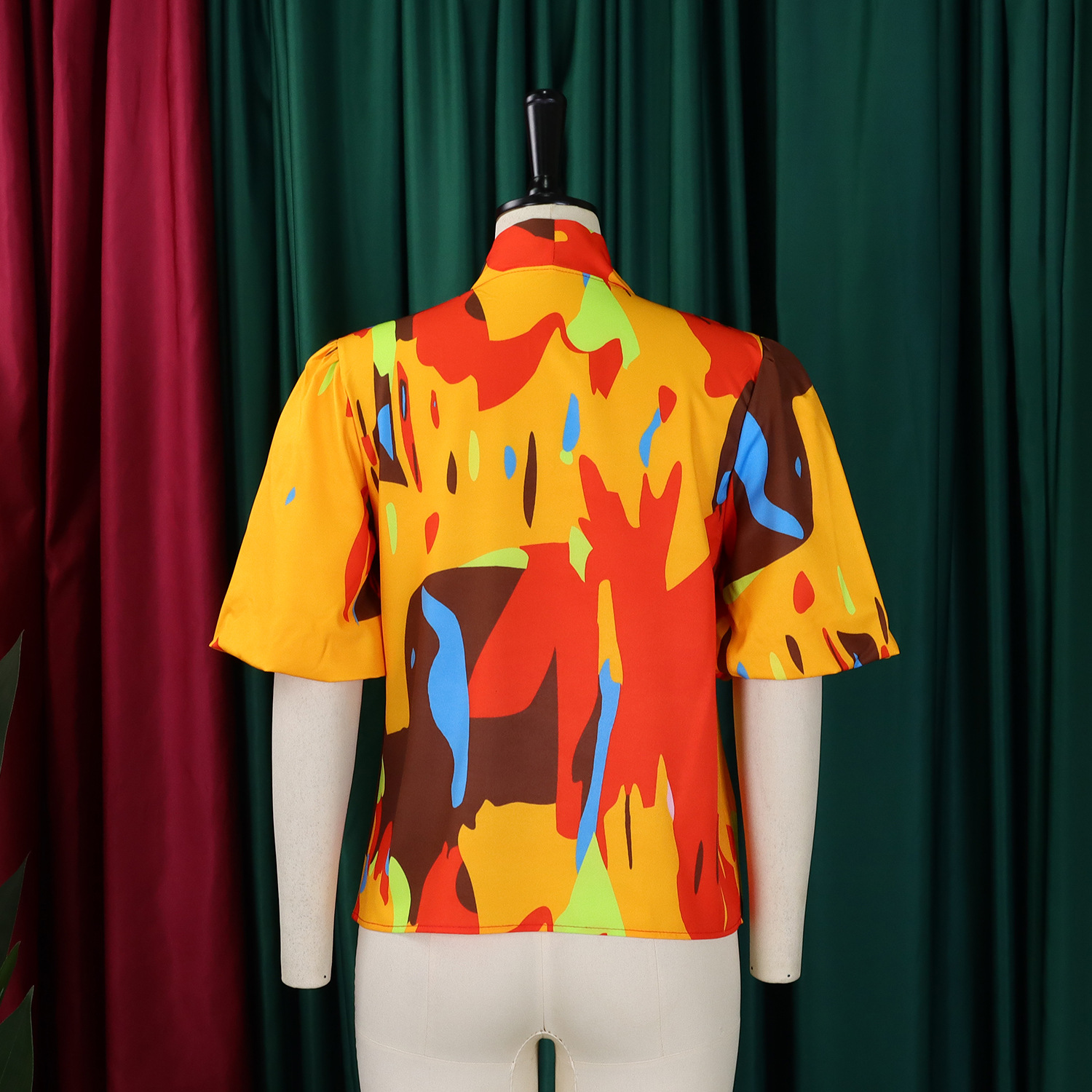 Women Printed Lace-Up Bubble Short Sleeve Shirt Top