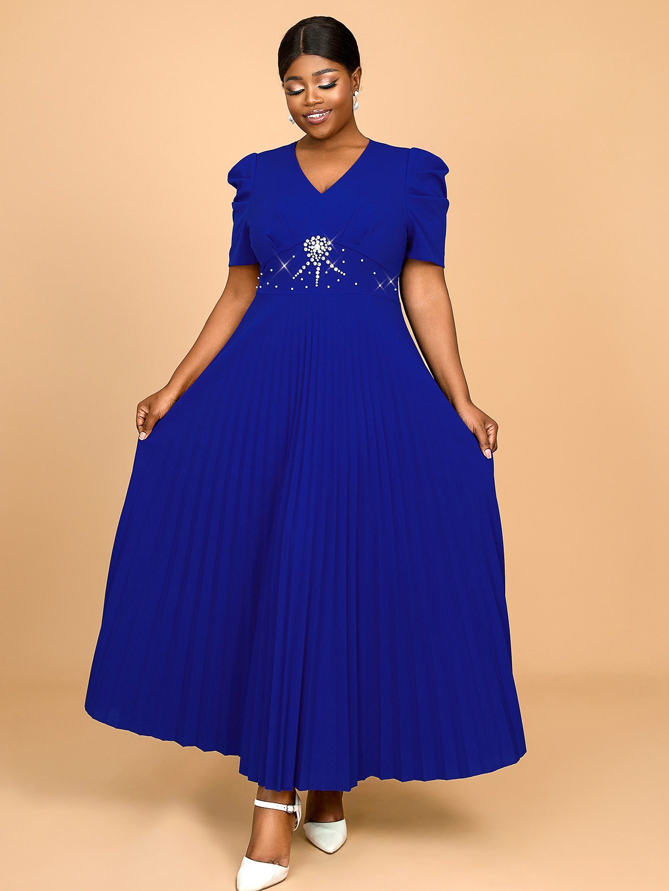 Women Elegant Spring and Summer Prom Formal Party Pleated Beaded Dress