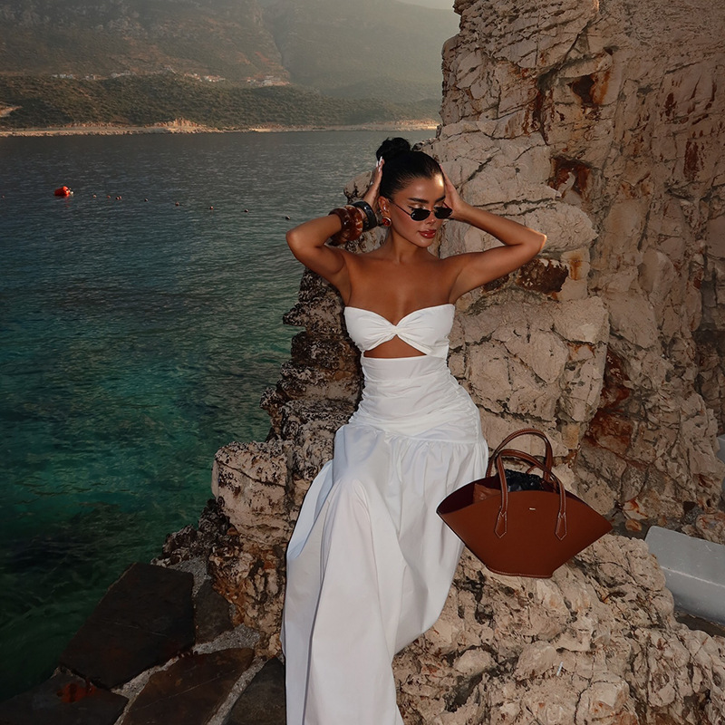 Women Summer Women Beach Holidays Strapless Hollow Dress