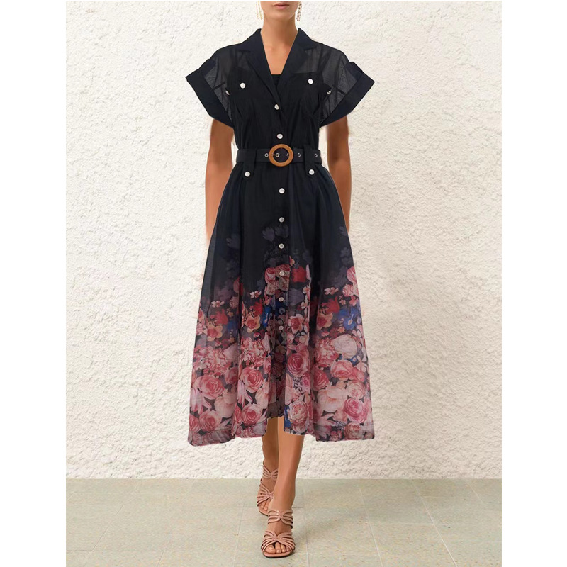 Women retro printed with belt Strap Dress