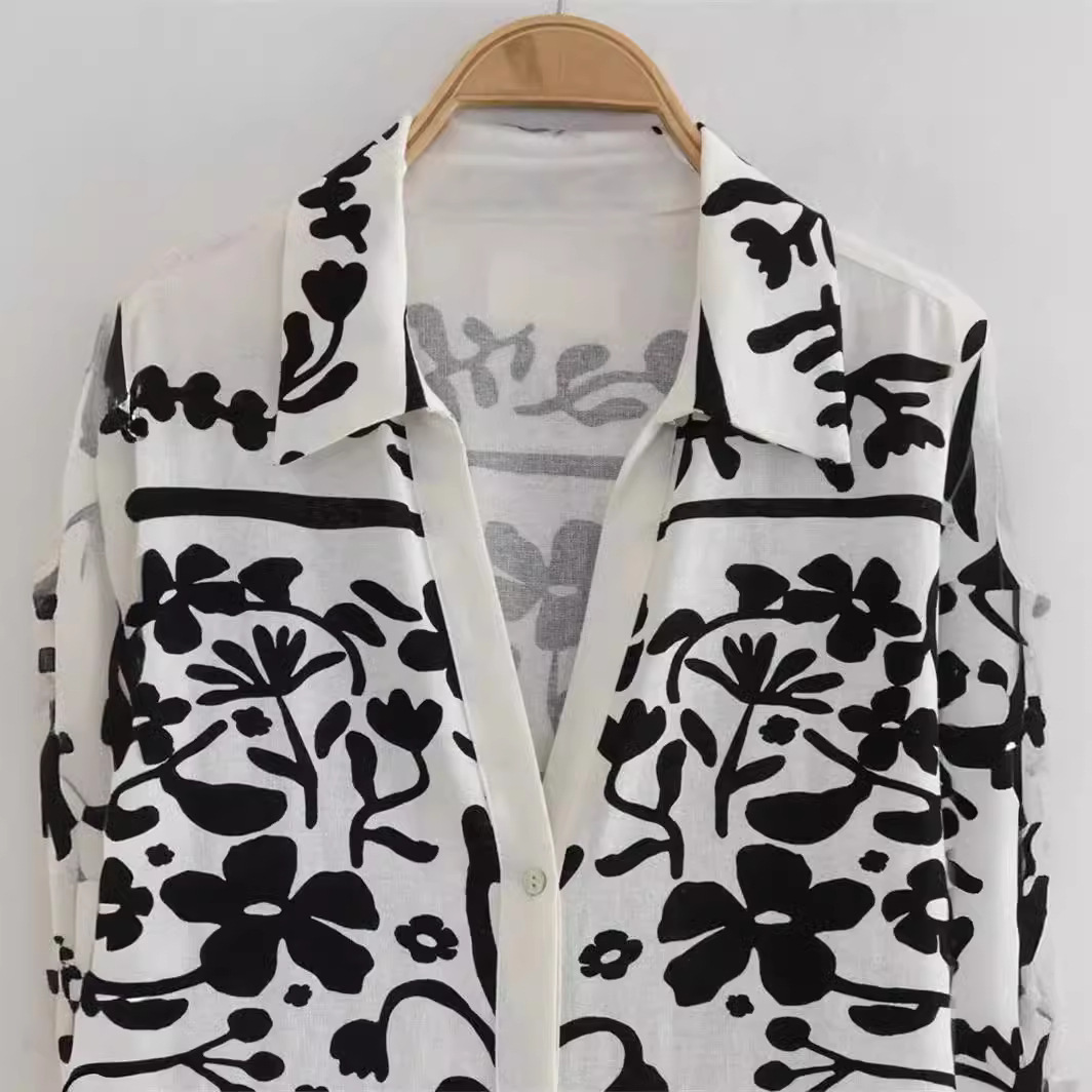 Women Turndown Collar long-sleeved single-breasted printed shirt wide-leg pants Two Piece Set