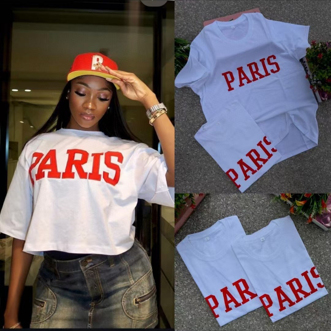 Women American straight shoulder short-sleeved T-shirt summer half-sleeved top