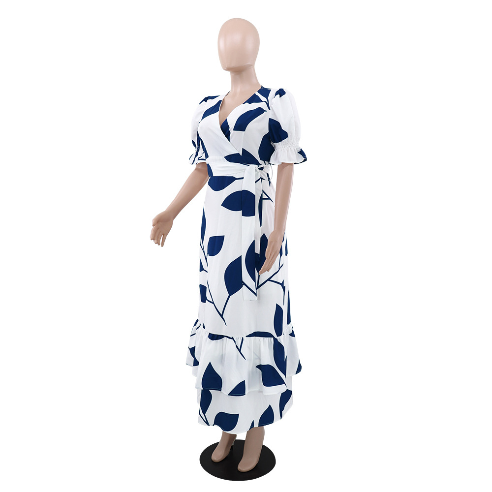 Women Princess Sleeve Print Summer Elegant V Neck Irregular Dress