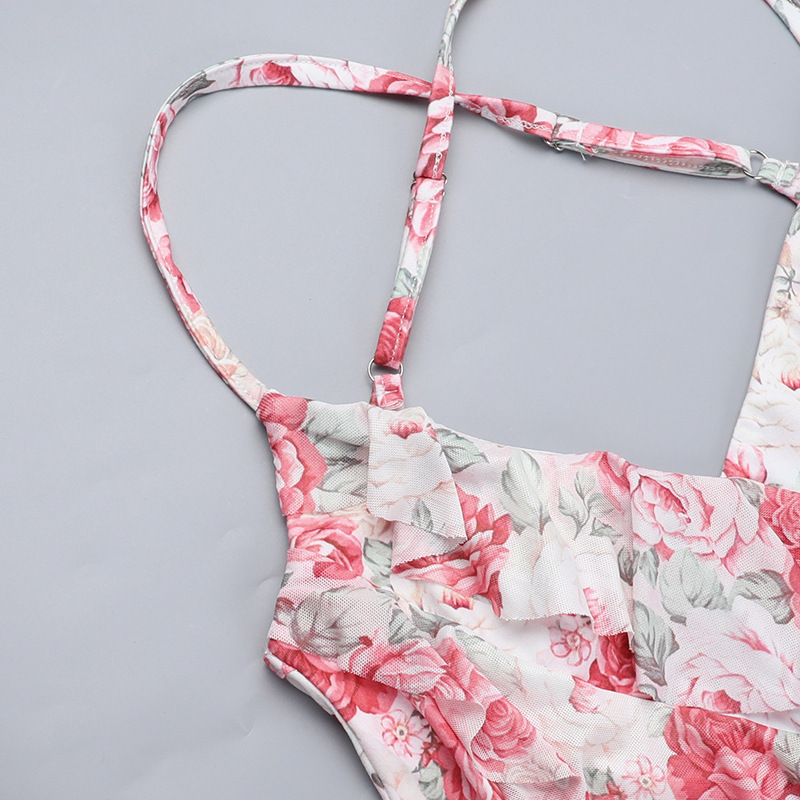 Women Spring Sexy Ruffle Floral Print Slit Dress