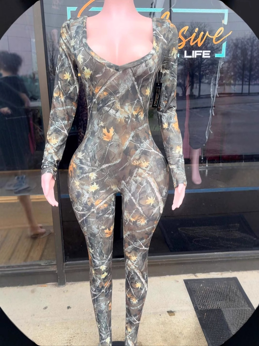 Women Printed U-neck Long Sleeve Stetchy Sexy Jumpsuit