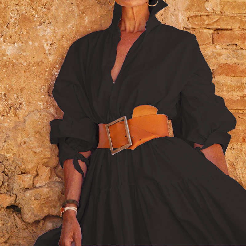 Spring Women's Fashion Chic Turndown Collar Long Sleeve Casual Midi Dress