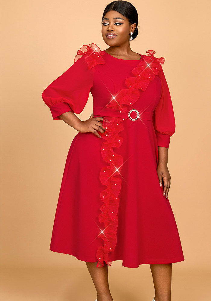 Women African Party Lantern Sleeve Ruffle Edge Beaded Dress