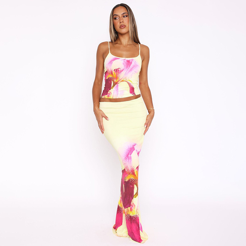 Women Summer Flower Print Suspender Top and Skirt Two Piece Set