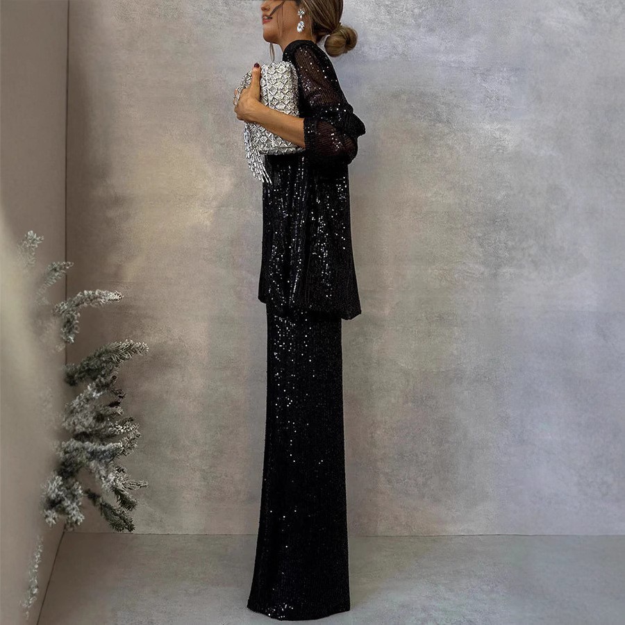 Women's Sequin Long Sleeve Two Piece Pants Set Chic Outerwear