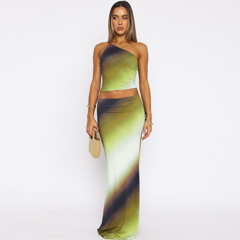 Women's Summer Gradient One-Shoulder Low-Back Top Casual Slim Long Skirt Set