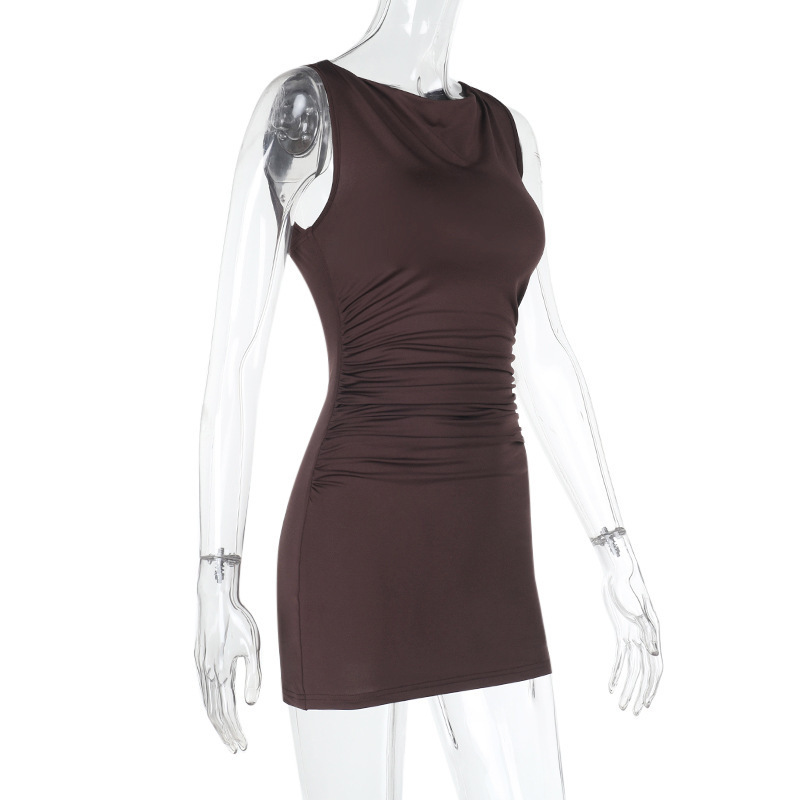 Women Round Neck Gathered Sexy Backless Bodycon Dress