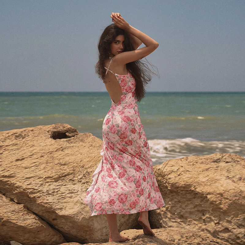 Women Spring Sexy Ruffle Floral Print Slit Dress