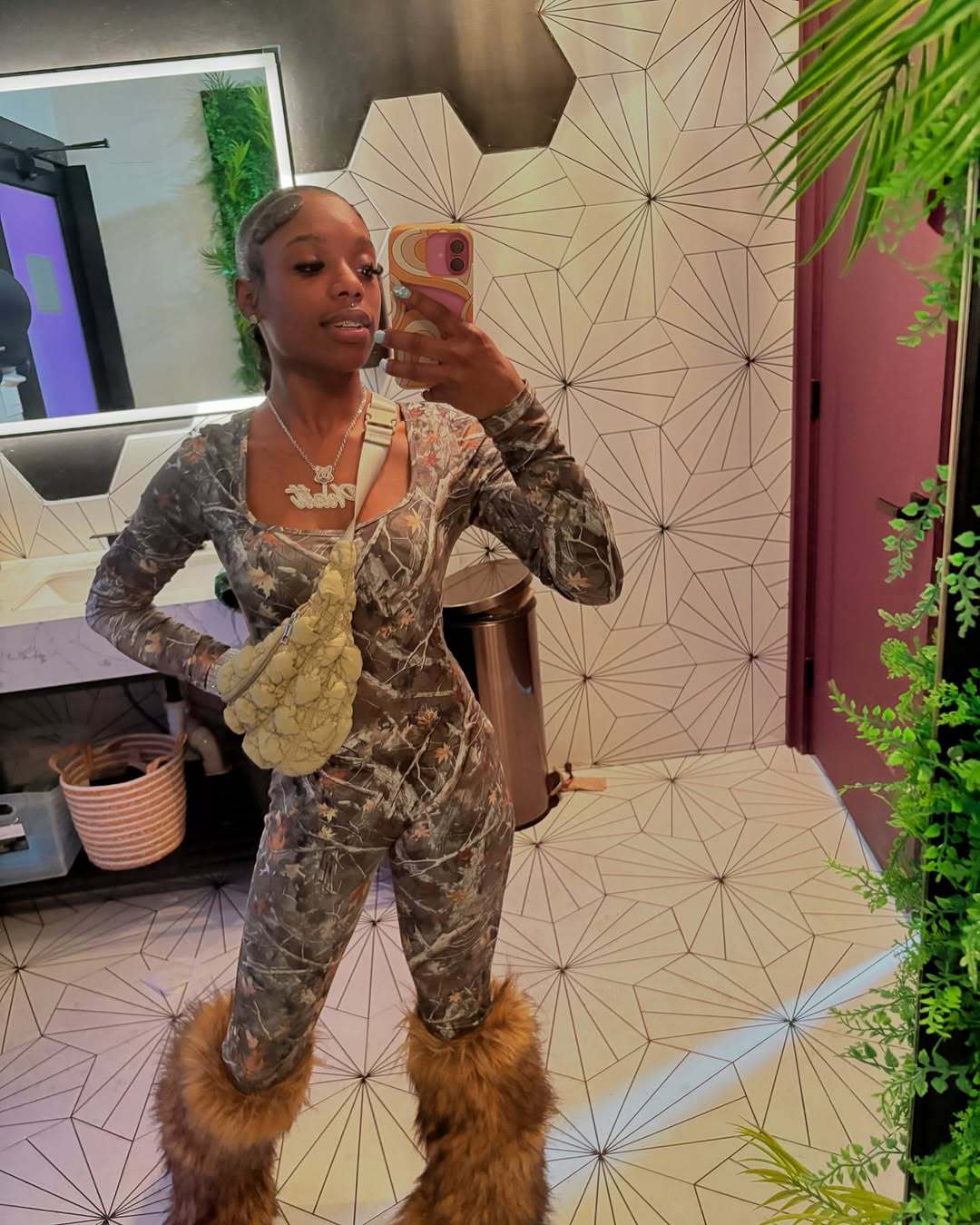 Women Printed U-neck Long Sleeve Stetchy Sexy Jumpsuit