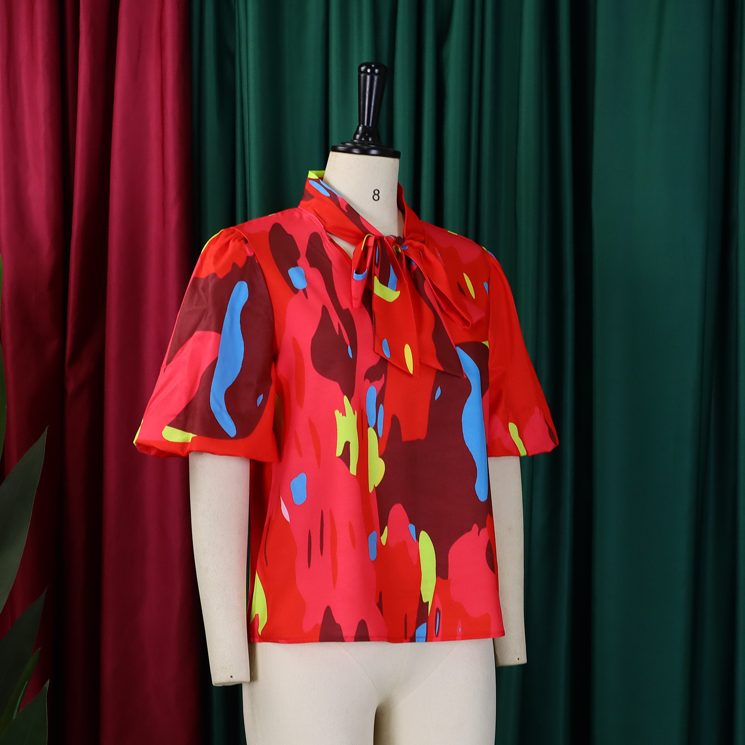 Women Printed Lace-Up Bubble Short Sleeve Shirt Top