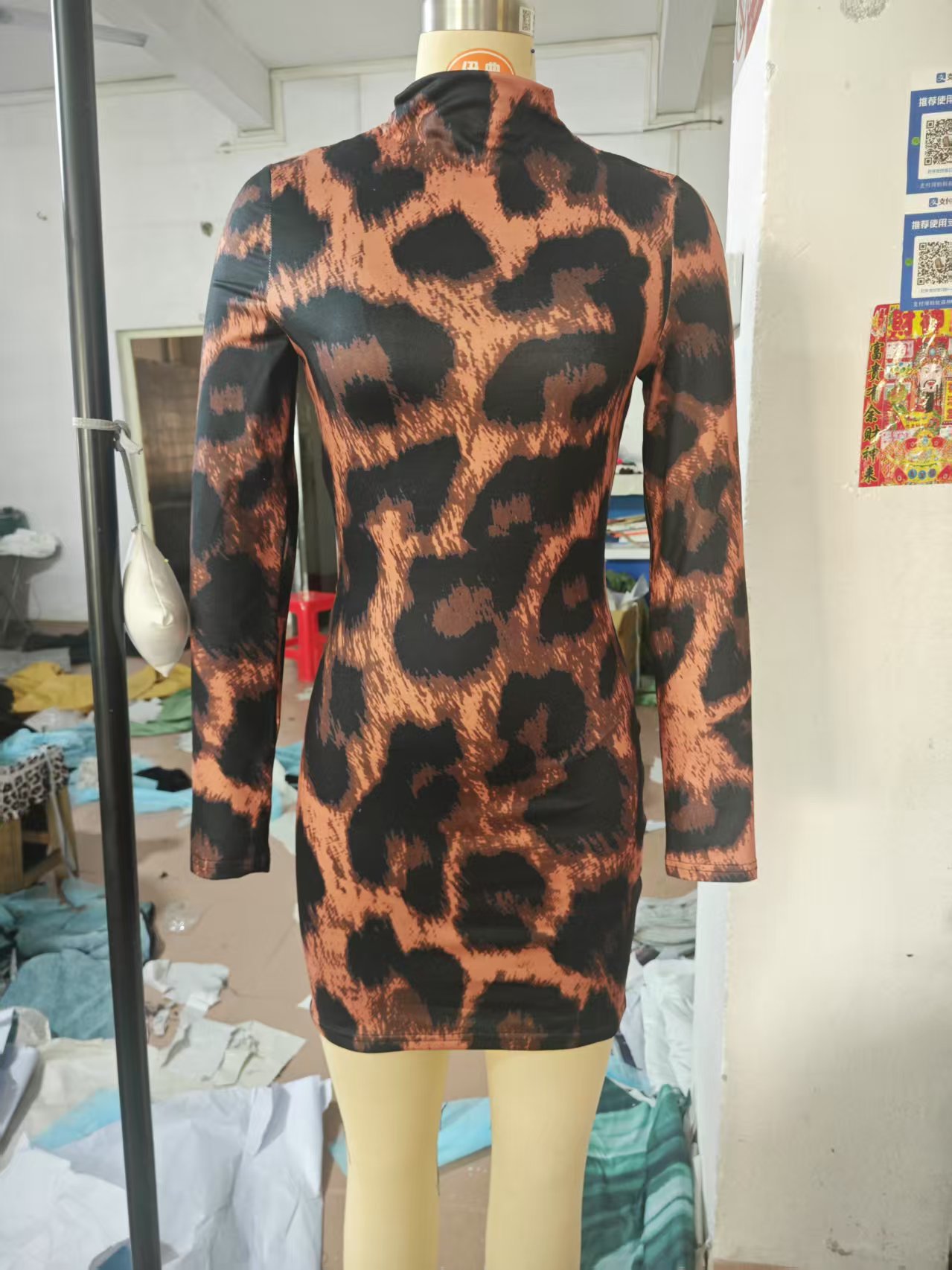 Women leopard print bodycon stand collar long sleeve dress
