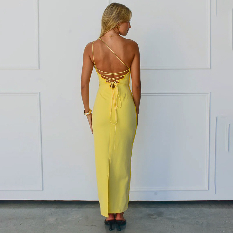 Women Spring Summer Contrast Color Slash Shoulder Backless Lace-Up Sexy Bodycon Dress