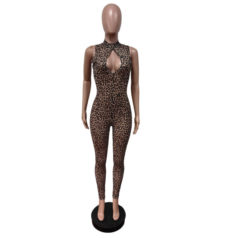 Women Leopard Stetchy Sleeveless Jumpsuit