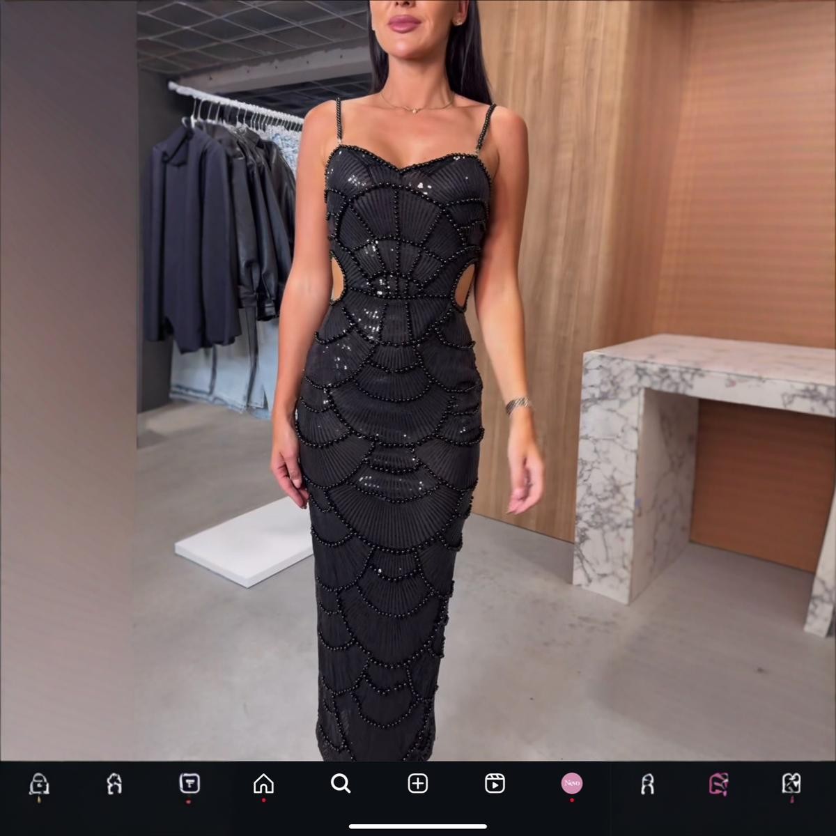 Women Sequin Beaded Hollow Strap Dress