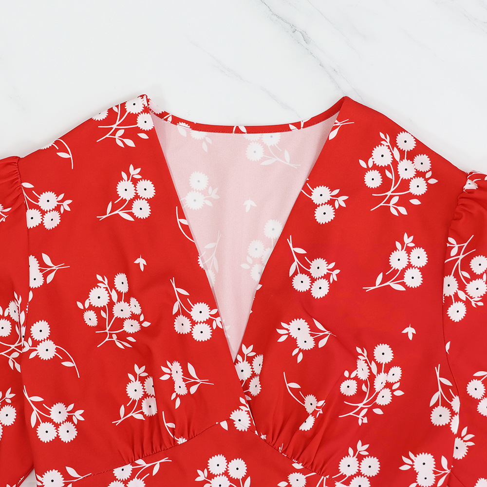 Women Floral Print V Neck Maxi Dress