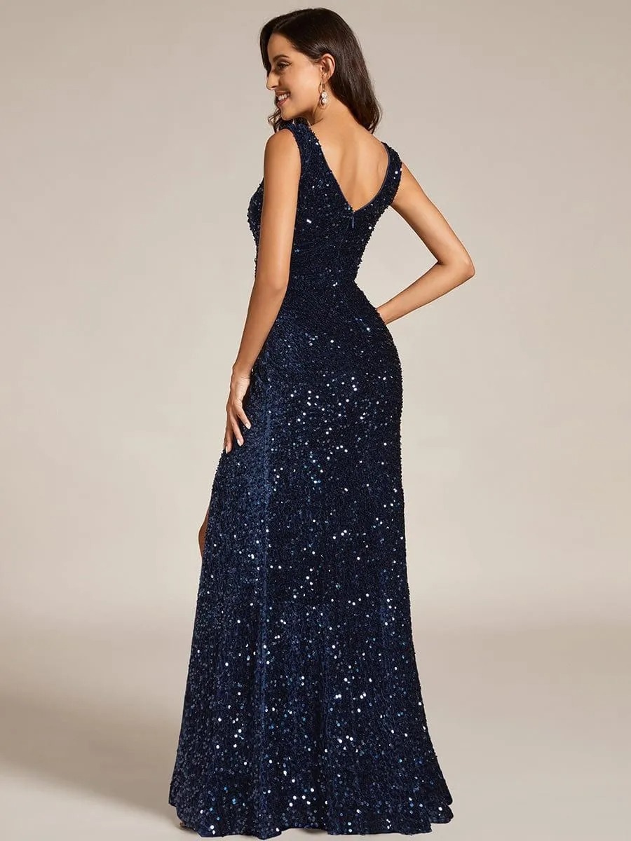 Summer Elegant Sequin V-Neck Slit Formal Party Evening Gown